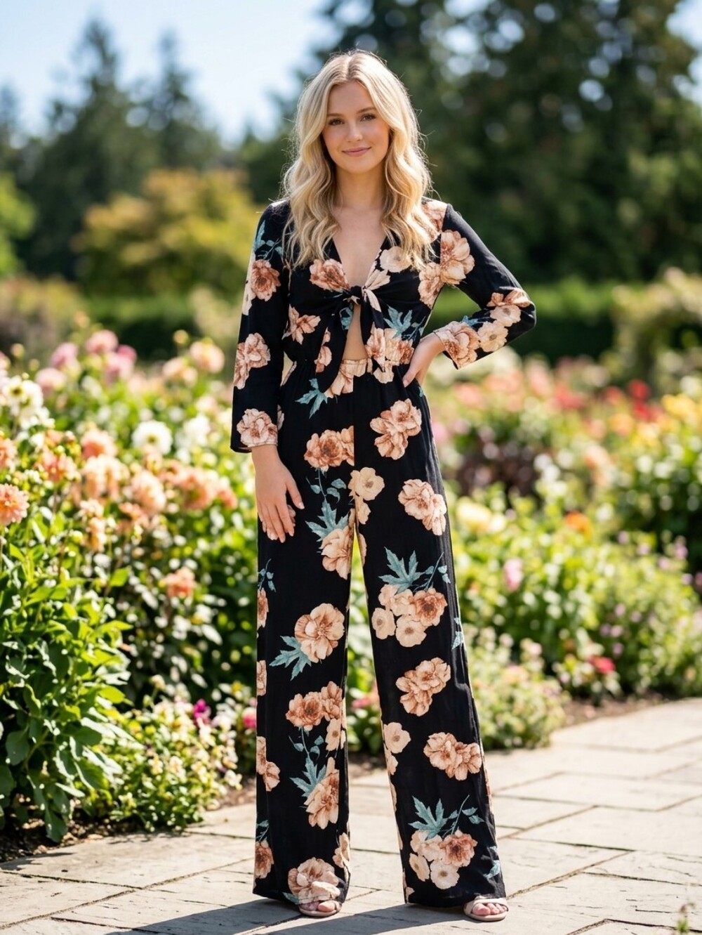 NEW Forever 21 Black Jumpsuit with Peach Floral Print and Mint Leaves